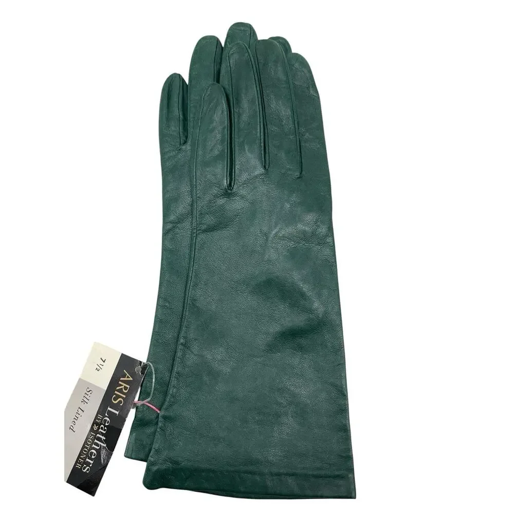New Vintage Aris Isotoner Gloves Forest Green Leather Silk Lined Size 7 1/2